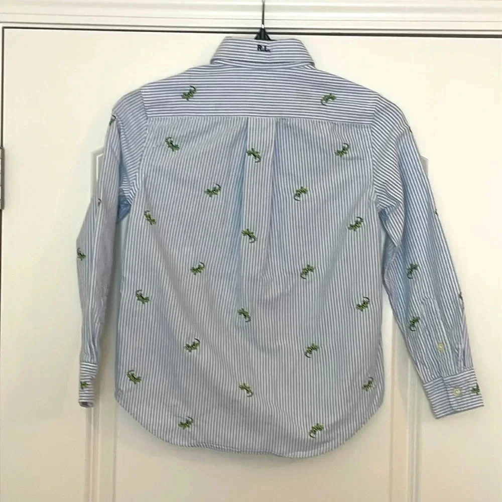 Ralph Lauren Boys Blue White Striped Button-Down Shirt with Green Embroidery - Picture 2 of 7